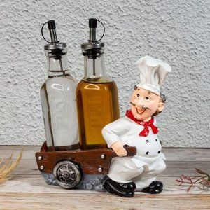 Chef Decorative Oil & Vinegar Bottles on Pull Cart - Condiment Set for Din